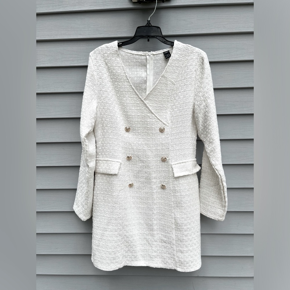 Lovely white tweed dress with faux gold buttons. Size L, will fit size 10 or 12.
